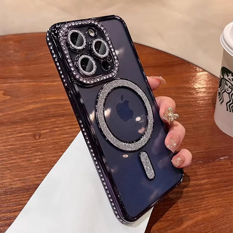 New Fashion Glitter Diamond Transparent Case for Iphone 16 15 14 13 17 12 Pro Max 16 plus Magnetic Wireless Charge Bumper Cover