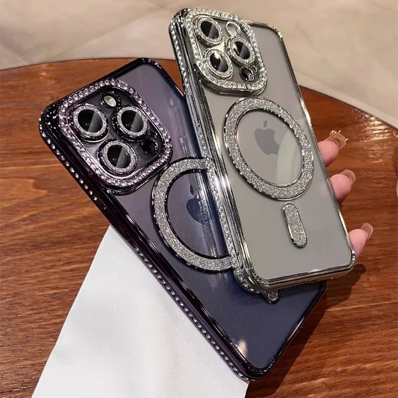 New Fashion Glitter Diamond Transparent Case for Iphone 16 15 14 13 17 12 Pro Max 16 plus Magnetic Wireless Charge Bumper Cover