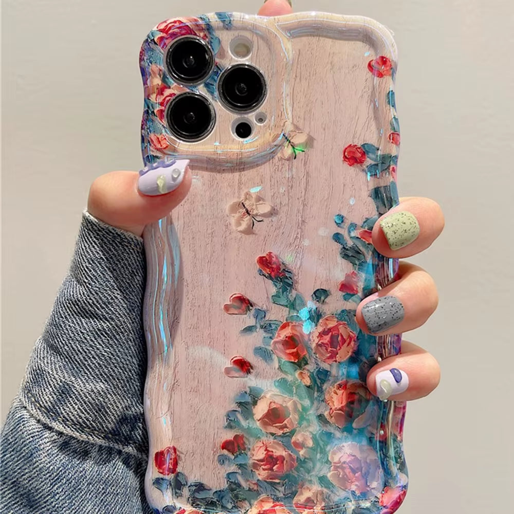 Retro Oil Painting Phone Case for Iphone 13 14 15 16 Promax 12 11 Luxury Flower Print Shockproof Silicone Cover Artistic Decor